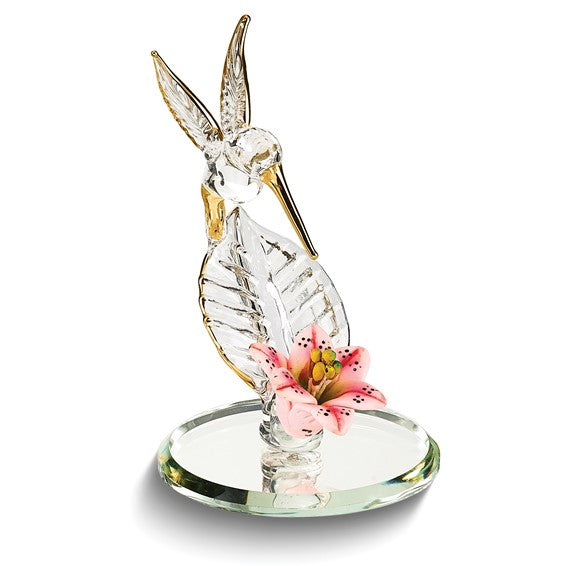 Hummingbird and Pink Lily Handcrafted Glass Figurine