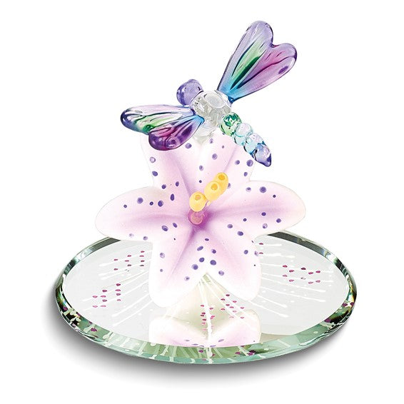 Dragonfly and Lavender Lily with Base Handcrafted Glass Figurine