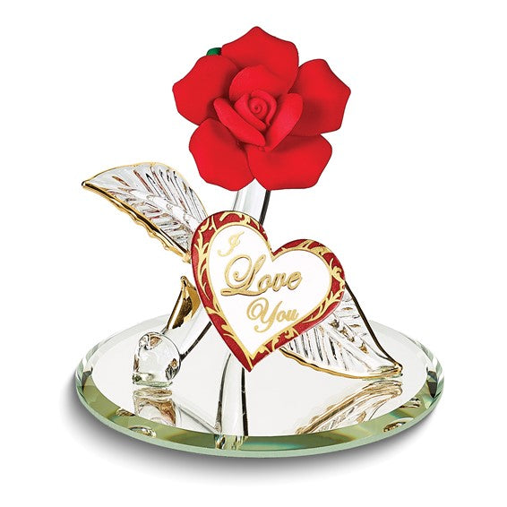 I LOVE YOU Red Rose Handcrafted Glass Figurine with 22k Gold Trim