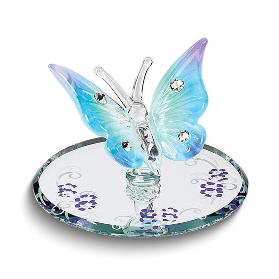 Glass Baron Blue and Purple Butterfly with Crystals Handcrafted Glass Figurine