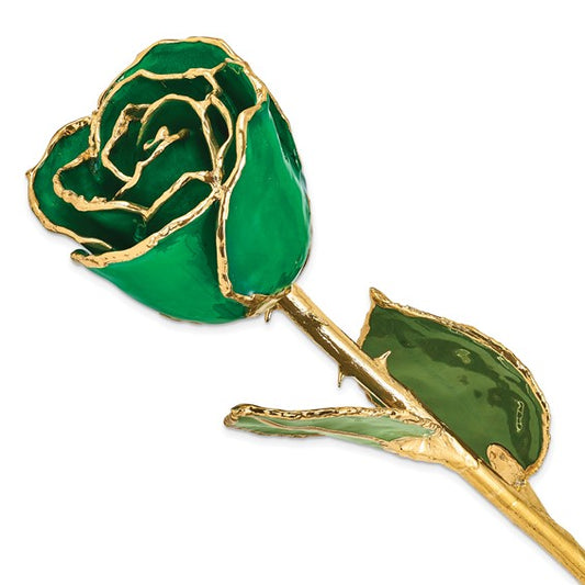 Lacquer Dipped Gold Trimmed Green Real Rose