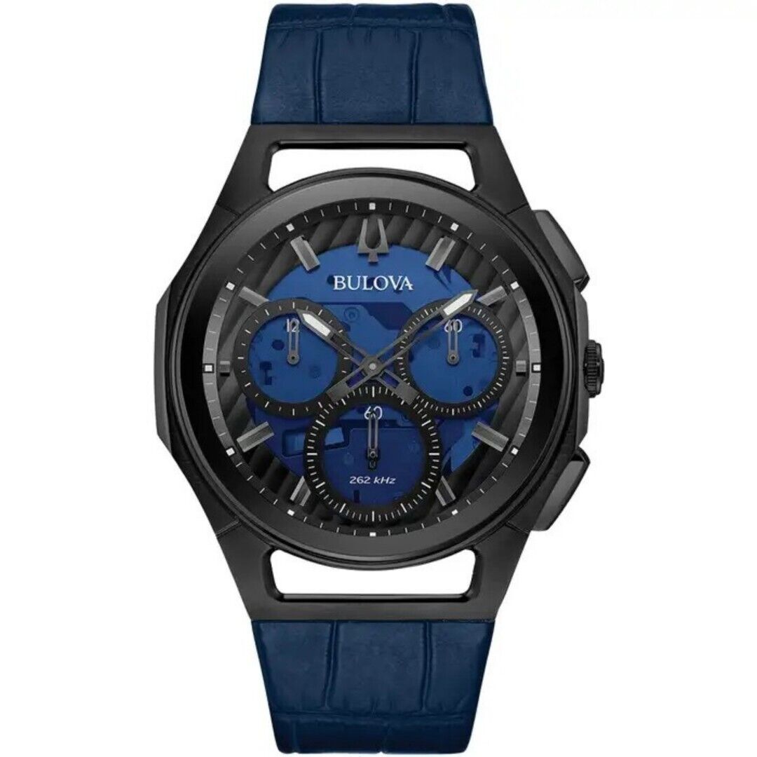 Bulova Curv Chronograph Blue Dial Men's Leather Strap Watch